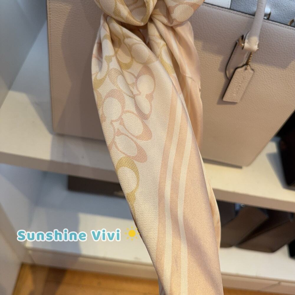 NWT Coach Signature Silk Square Scarf Chalk/Pink CEH52 100% silk - Picture 3 of 8
